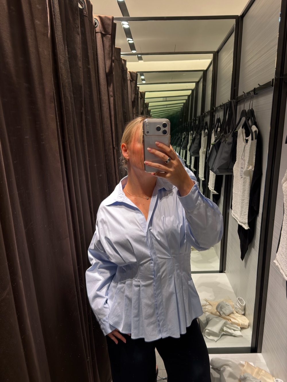 Zara Light Blue Pleated Button-Down Shirt